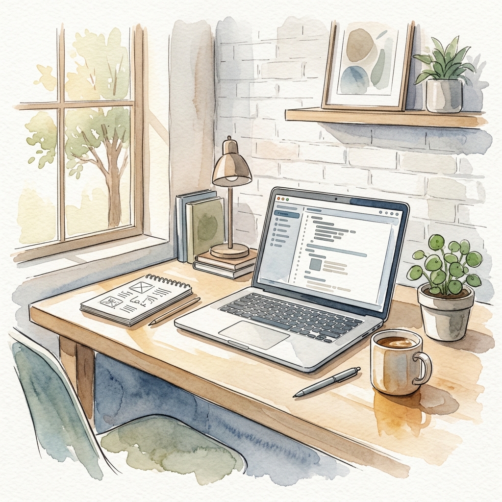 Watercolor illustration of a quiet workspace with a laptop on a wooden desk, plants, a coffee mug, books, and natural light through a window