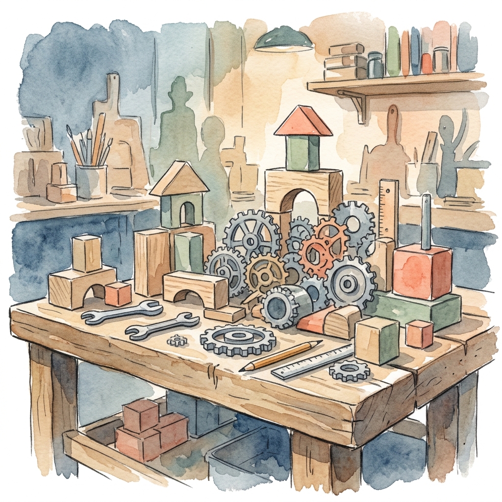 Watercolor illustration of a small Pittsburgh business workspace with a laptop, a notebook with sketches, a coffee mug, and a plant by a window with brick walls