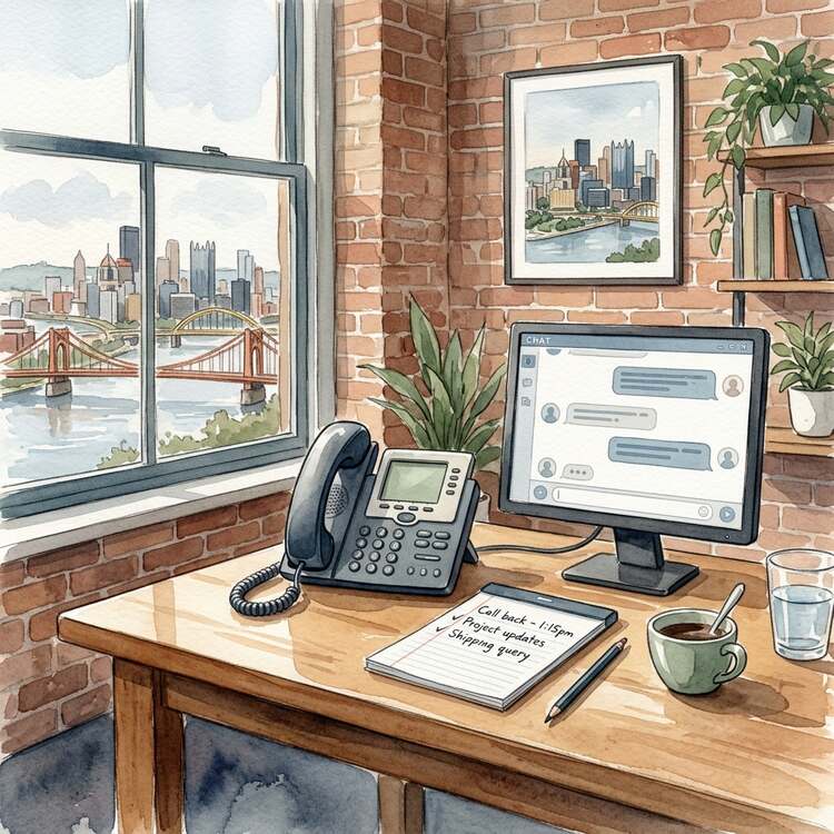 Watercolor illustration of two people having a friendly customer service conversation in a small business setting with plants, books, a phone, and a computer
