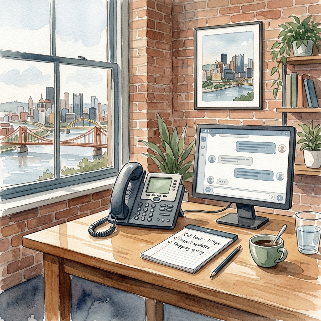 Watercolor illustration of two people having a friendly customer service conversation in a small business setting with plants, books, a phone, and a computer