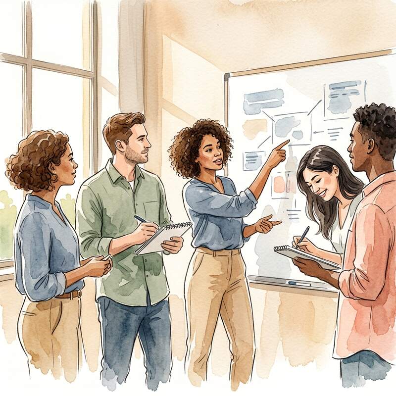 Watercolor illustration of a small business team focused at a desk with notebooks and a laptop, learning together