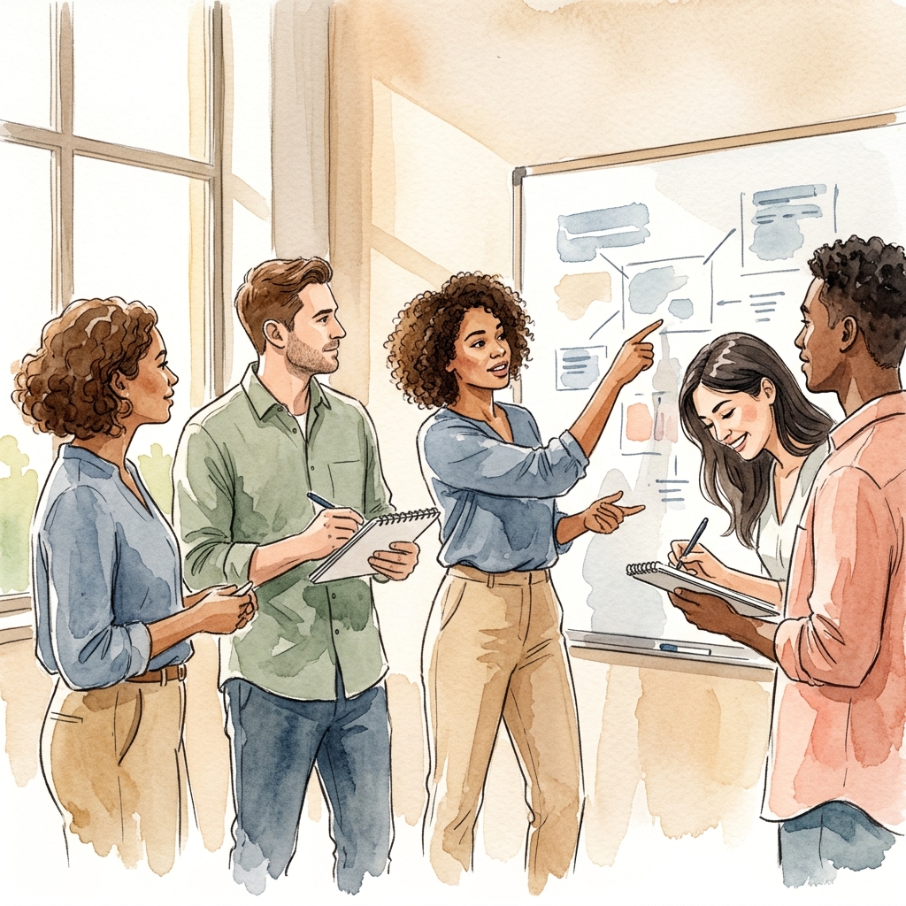 Watercolor illustration of a small business team focused at a desk with notebooks and a laptop, learning together