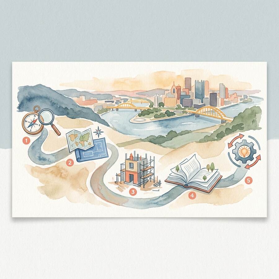 Watercolor illustration of how 2 Acre Studios works: a path from a compass and magnifying glass through a blueprint, a small construction site, an open book, and a gear with arrows, set against a watercolor view of the Pittsburgh skyline and three rivers
